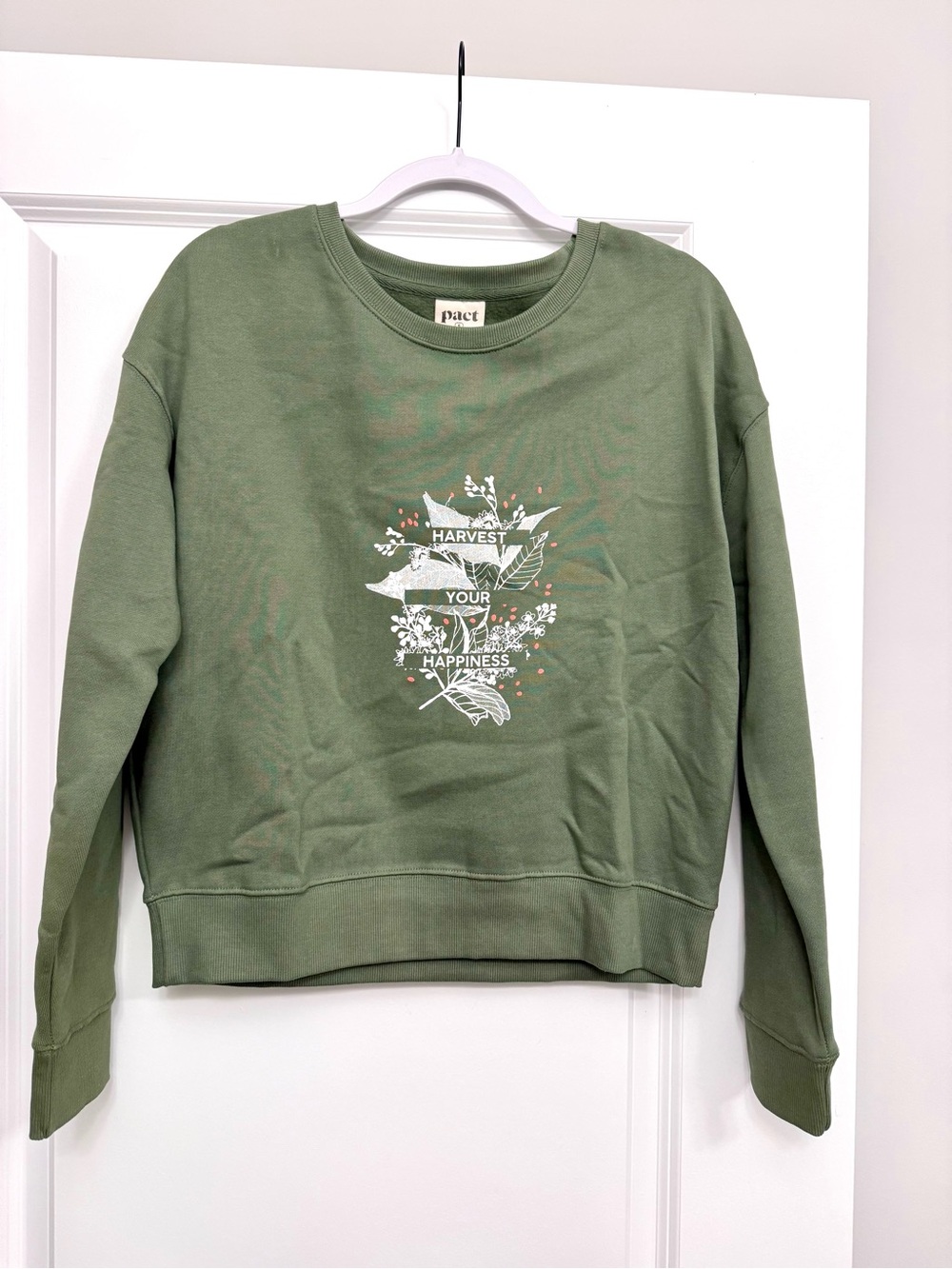 Pact Olive Green Graphic Sweatshirt Organic Cotton ‘Harvest Your Happiness S